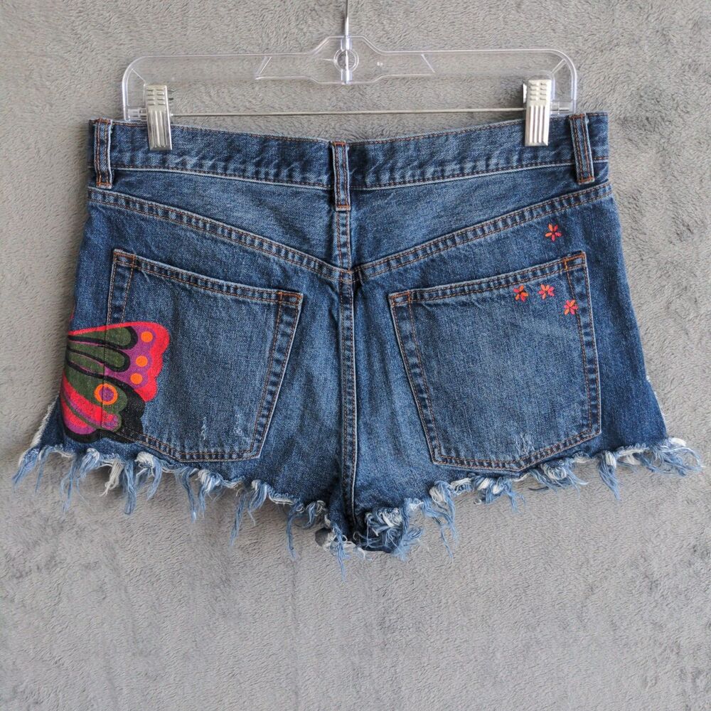 We The Free Denim Shorts Womens 29 Blue Butterfly Graphic Distressed Cut Off - Picture 5 of 10